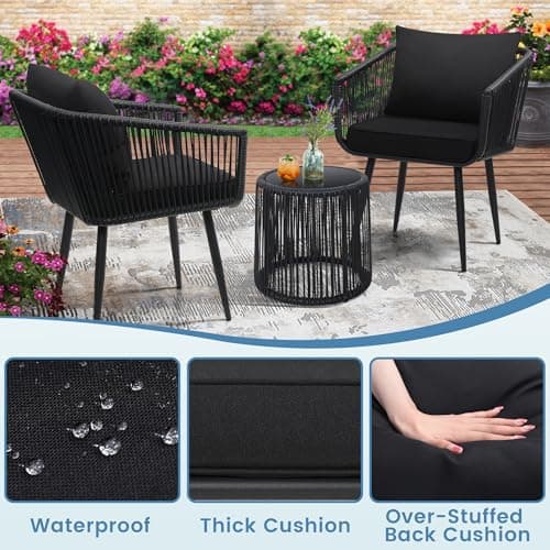 Kromax 3 Pieces Patio Rattan Bistro Conversation Set, Outdoor All-Weather Wicker Furniture Chairs and Side Table Set Ideal for Balcony, Porch and Backyard, Black