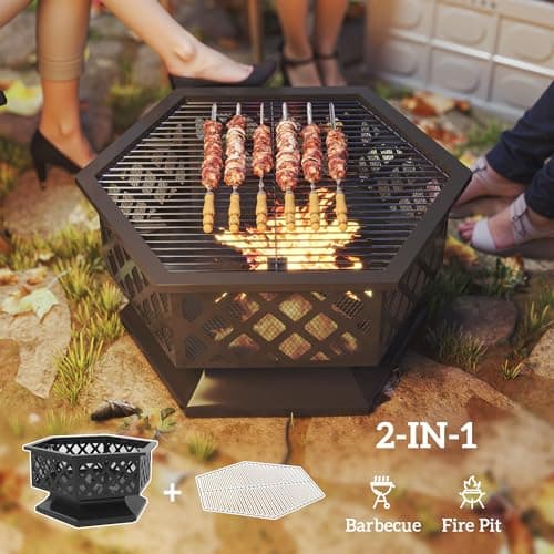 Outsunny 28" Outdoor Fire Pit Grill, Portable Wood Burning Firepit for Outside with Cooking Grate, Fire Poker, Spark Screen Lid, Steel Hexagon Fireplace for Patio Bonfire Backyard BBQ Camping Picnic