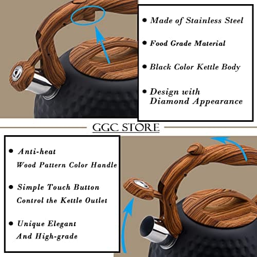 GGC Tea Kettle for Stove Top, Loud Whistling Kettle for Boiling Water Coffee or Milk, 3.1 Quart 3L Heavy Stainless Steel Black Kettle with Wood Pattern Handle, Unique Button Control Kettle Outlet