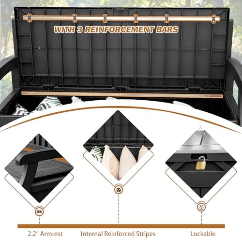 Devoko 80 Gallon Storage Bench Deck Box Lockable for Patio Furniture, Garden Decor and Outdoor Seating for Cushions, Garden Tools and Pool Supplies (Black)