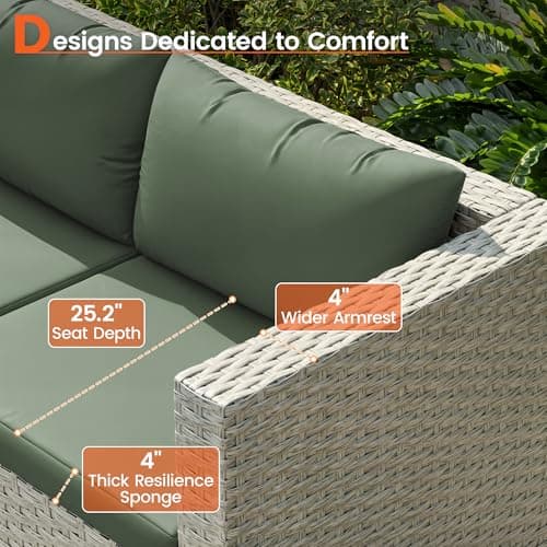 Patio Furniture Set, 7-Piece Outdoor Sectional All-Weather Wicker Patio Conversation Set for Backyard (Green Cushions with Grey Rattan)