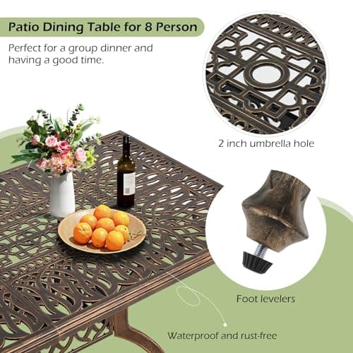 [Hi-End]Cast Aluminum Patio Furniture Set 9-Piece Outdoor Dining Set Includes 86.6’’ Rectangular Patio Table with Umbrella Hole and 8 Cushioned Dining Chairs,Rust-Free for Patio Deck Garden Pool