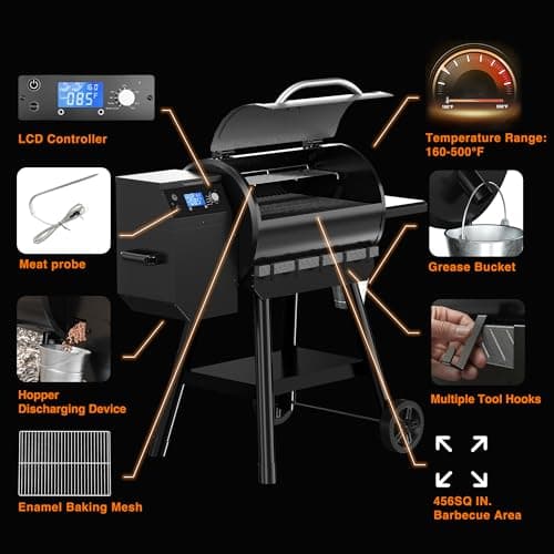 LCD Control Wood Pellet Smoker Grill, 456 SQ. IN Cook Area, Pellet Grill with Auto Feed & Leaking Waste, 500°F Max Temperature, 8 in 1 BBQ Grill with Meat Probe, Side Table with Hooks(Black)