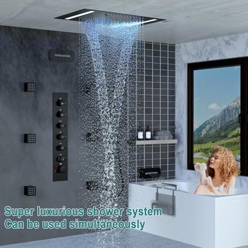 HOMEDEC LED Multi Functions Full Body Shower System with 6pcs Body Jets Spray with（Up/Down ）Shower Spout, Large 3 In 1 Functions 14x20inch Showerhead, Rainfall Mist Shower Faucet Set Complete, Black