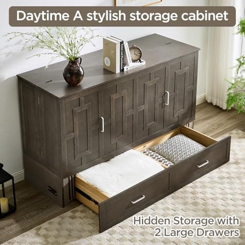 Murphy Bed Cabinet with Mattress, Queen Size Wall Beds with Large Storage Drawer and Charging Station, Hideaway Murphy Bed Chest for Home Office or Small Room (Gray)