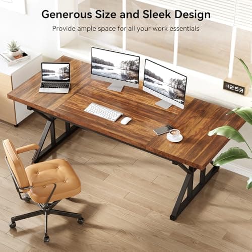 LITTLE TREE 70.8-Inch Office Desk, Wooden Executive Office Desk, Modern Work Desk, Large Farmhouse Writing Table Computer Desk for Home, Brown-Black
