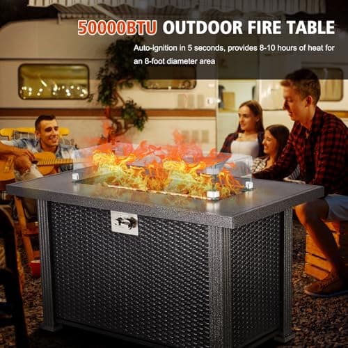 Outdoor Fire Table, 44 inch Rectangle Propane Gas Fire Pit Table, 50,000 BTU Modern Firepit with Wind Guard, Lava Rock, Rain Cover