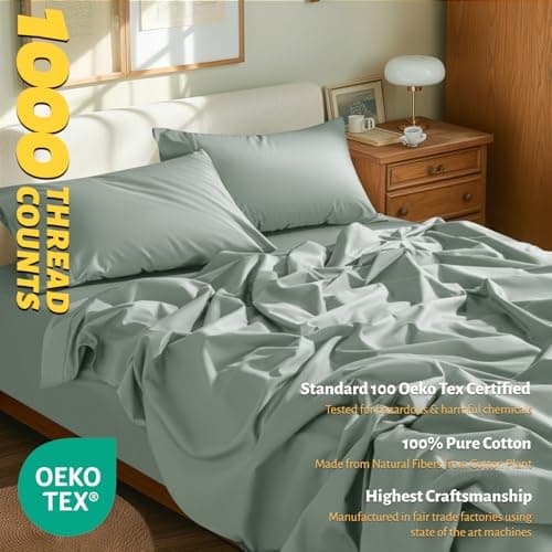 Shilucheng 100% Egyptian Cotton Queen Size Sheets Set - 1000 Thread Count，Luxury Cotton Bed Sheets，Breathable & Cooling Bedding and Pillow Cases, 16 Inch Deep Pocket - 4 Piece (Sea Glass, Queen)