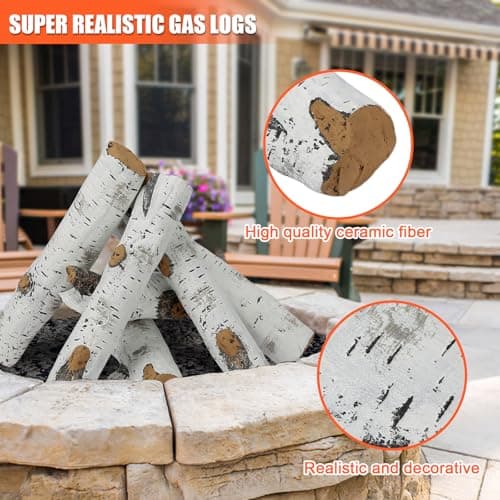 QuliMetal 6PCS Ceramic White Birch Gas Fireplace Logs Set – Realistic Fake Wood Logs for Indoor Inserts, Outdoor Fire Pits, Vented, Propane, Gel, Ethanol, and Electric Fireplaces