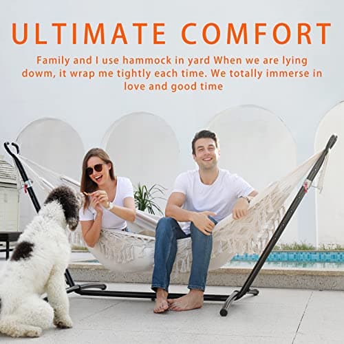 Double Hammock with Stand Upgraded Phone Holder Portable Heavy Duty Stainless Steel Indoor Outdoor Patio Yard Beach with Carrying Case （2022 Beige）