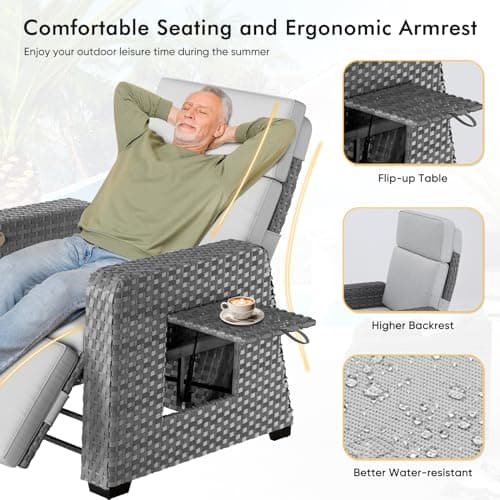 Outdoor Recliner Patio Chair, All-Weather Wicker Furniture Reclining with Air Pump, 150° Lay-Flat Position, Extended Footrest, Flip-Up Side Table, Removable Gray Olefin Cushions