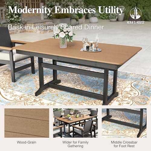 HERA'S HOUSE Patio Table and Chairs Set 7-Piece, HDPE Outdoor Dining Furniture Set with Cushions, All-Weather Wood Grain Table & Wicker Chairs for Backyard, Garden, Deck (Durable & Low Maintenance)