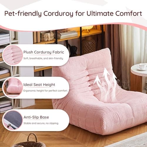 Bean Bag Chair for Adults - Large Bean Bag Chairs, Memory Foam Bean Bag with High-Rebound, Oversized Corduroy Boneless Chair, Lazy Floor Sofa for Reading Gaming Living Room Bedroom, Pink