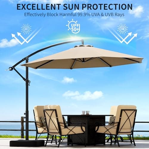 10ft Patio Umbrella with Base Included, Outdoor Offset Cantilever Umbrella w/Upgraded Yarn-dyed Fabric Shade, Sturdy 8 Rids, Easy Tilt Adjustment, for Pool Deck Porch Backyard Garden,Beige