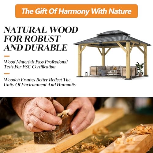 10' x 12' Outdoor Wooden Gazebo - Patio Hardtop Gazebo Permanent Wooden Pavilion with Galvanized Steel Double Roof, Wood Gazebos for Garden, Lawn, Poolside, Backyard Deck