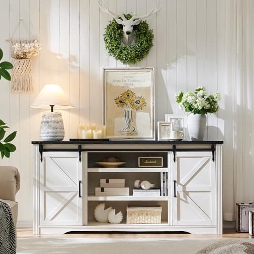 Farmhouse TV Stand for 75+ Inch TV, 32" Tall Entertainment Center w/4 Drawers & Sliding Barn Door, Rustic Media Console w/Storage Shelves, 66" Wood Television Stand for Living Room, Off White