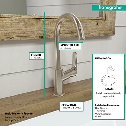 hansgrohe Logis Modern Low Flow Water Saving 1-Handle 1 12-inch Tall Bathroom Sink Faucet in Brushed Nickel, 71130821