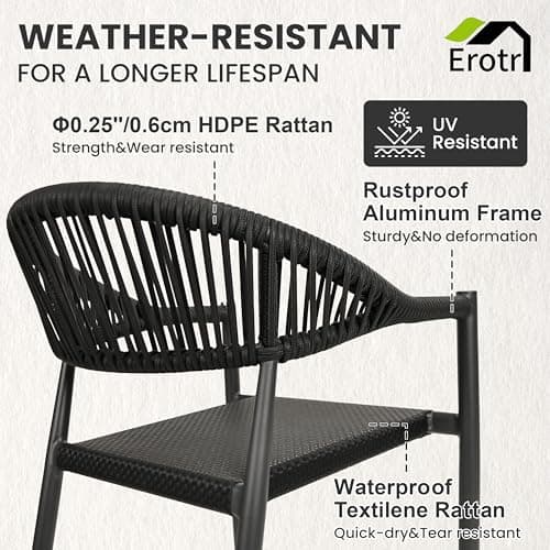 4 Pcs Stackable Patio Dining Chairs, Aluminum Rattan Outdoor Dining Chair with Arms, Woven Rope Garden Armchair Metal No Assembly for Bistro Balcony Porch Deck Yard Cafe Restaurant, Black