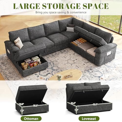 108 Inch Sectional Sleeper Sofa with Pull Out Bed,U Shaped 7 Seat Modular Sectional Sofa with Storage,Sectional Couches for Living Room,Cloud Modular Couch,Removable Sofa Cover,Dark Grey