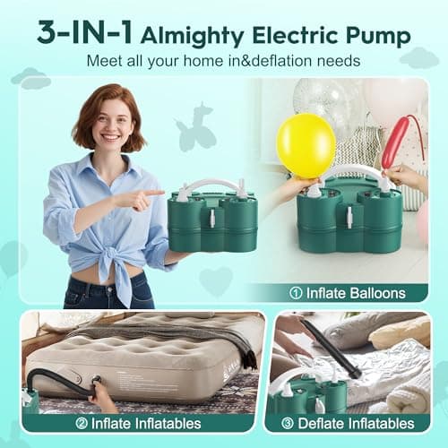 Balloon Pump, LooLaa 3-in-1 Air Pump for Inflatables and Balloons, Electric Balloon Pump for Latex 260q Foil Balloons, Quick-Fill 110V AC Inflator Deflator for Pool Floats Air Mattress Inflatables