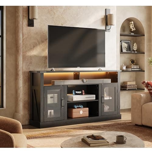 WLIVE Farmhouse TV Stand for 65 Inch TV, Tall Entertainment Center with LED Lights, Mid Century Modern TV Console with Open Shelves and Glass Cabinet Doors for Living Room and Bedroom, Black