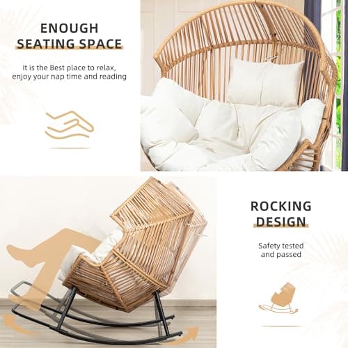 Vongrasig Wicker Egg Chair PE Rattan Rocking Chair with Cushion, Oversized Patio Lounge Rocker Chair for Outdoor, Indoor, Balcony, Backyard, Garden, Beige