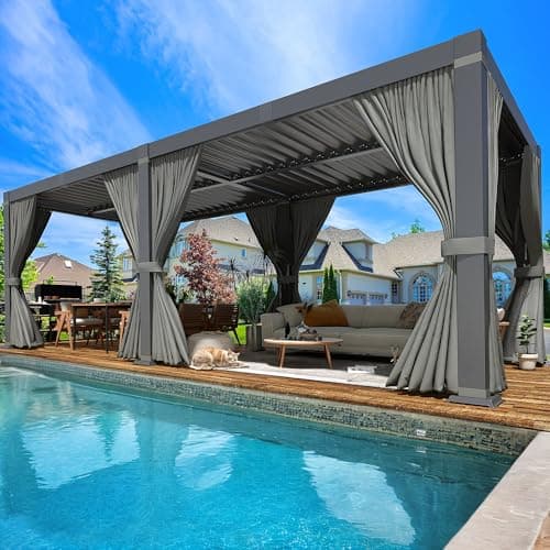 Pergola 10x20 Ft Louvered Pergola Aluminum Outdoor Pergolas W/Adjustable Roof, Waterproof Curtains and Nets Outdoor Gazebo for Deck,Patio,Backyard and Garden