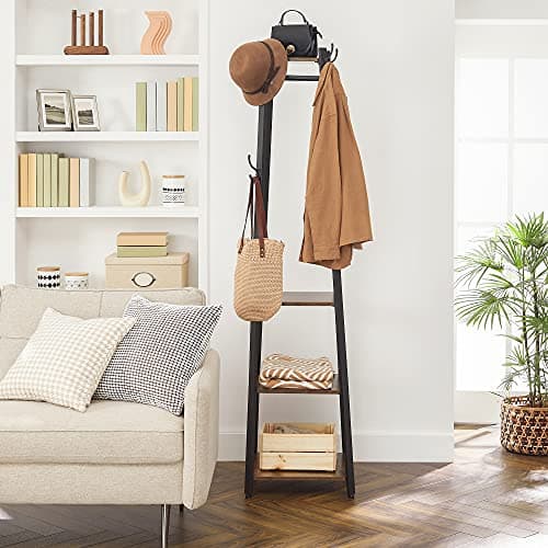 VASAGLE Coat Rack, Coat Stand with 3 Shelves, Hall Tree Free Standing with Hooks for Scarves, Bags, Umbrellas, Steel Frame, Industrial Style, for Entryway, Living Room, Rustic Brown and Black ULCR80X
