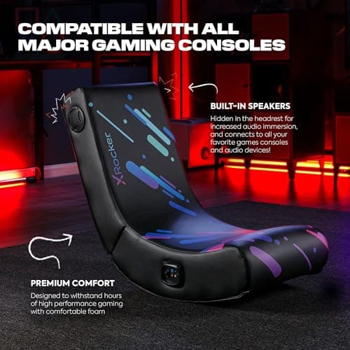 X Rocker Pixel Youth Video Gaming Floor Rocker Chair, Back to School Gifts for Gamers, Bedroom, Foldable, Black with Print