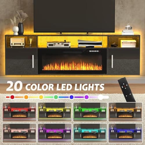 PUKAMI 70" Floating TV Stand with 36" Electric Fireplace,Wall Mounted Fireplace Entertainment Center with LED Lights and Highlight Storage Cabinet for TVs up to 80", for Living Room (Black)
