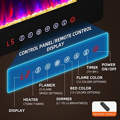 Electric Fireplace-72 inch Fireplace Wall Mount/Recessed/Free Standing-Ultra Thin Wall Fireplace Electric with Remote Control, Timer, Double Heat Vent, 750w/1500w