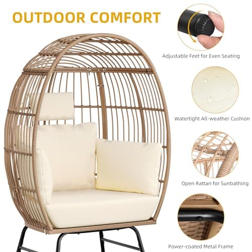 YITAHOME Accent Living Room Egg Chair w/ 2-in-1 Ottoman, Wicker Oversized Basket Chair with 5 Thick Cushions, Footrest, Comfy Recliner Lazy Chair for Indoor, Bedroom, Reading Room, Lounge (Beige)