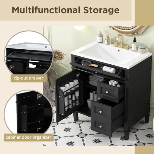 Modern 30" Bathroom Vanity with Sink, Bathroom Storage Cabinet with 2 Drawers, 1 Tip-Out Drawer and 1 Door, Freestanding Bathroom Vanities, Soft Closing, Solid Wood Frame