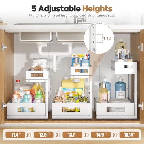 2-Pack Under Sink Storage Organizer, Large 2-Tier Elegant Mesh Pull Out Shelf for Kitchen and Bathroom Cabinet Organization, L-Shaped and Adjustable Height Design for Maximum Space Efficiency-White
