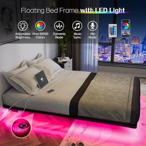 OLEVS Floating Bed Frame Full Size with Smart LED Lights and Charging Station - Modern Metal Platform Bed, Easy Assembly No Box Spring Needed