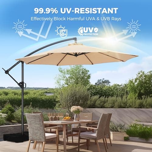 10ft Offset Patio Umbrella with Base Included, Cantilever Offset Hanging Patio Outdoor Market Umbrella UPF50+ UV Protection with Easy Tilt and Crank for Pool Deck and Garden
