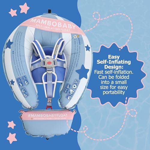 MAMBOBABYFLOAT Light Traveler 2025 — Safe, Comfortable, Adjustable Baby Pool Float with Canopy — Sun Protection, Self-Inflating, 5-Way Buckle System (Hot Air Balloon, Pink)