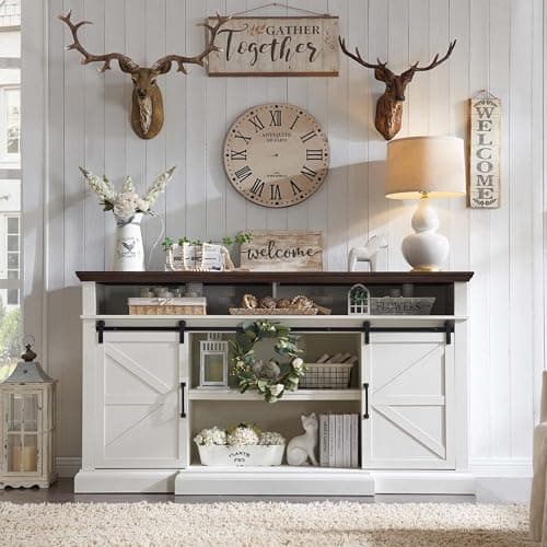 Farmhouse TV Stand for 80 Inch TVs, 38" Tall Entertainment Center w/Storage Cabinets and Sliding Barn Door, Media Console Cabinet w/Soundbar & Adjustable Shelves for Living Room, 69inch (White)