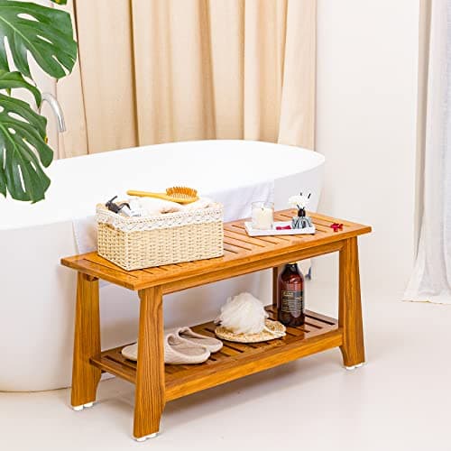 NNN 24" Commercial Teak Shower Bench - 8 Non-Slip Leveling Feet & 350 lbs Capacity | Rock-Solid Stability for Seniors & Spa Safety | Waterproof Design for Saunas/Outdoor Pools (Patented)