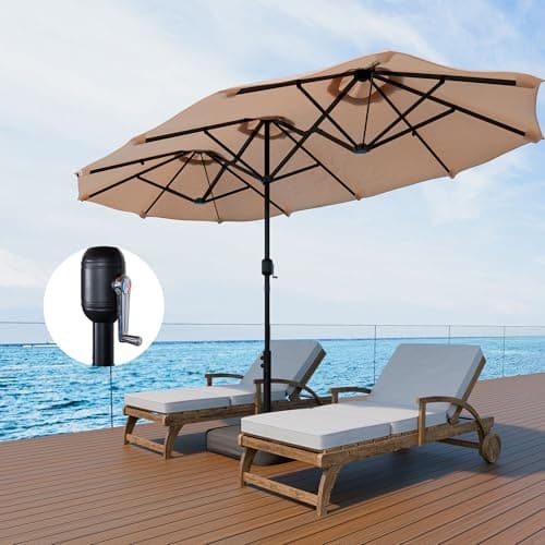 Shintenchi 13FT Large Patio Umbrella with Base, Outdoor Double-Sided Rectangular Shade with Crank Handle for Poolside Lawn Garden, Khaki