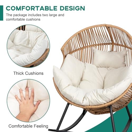 Shintenchi Wicker Egg Chair,Oversized Outdoor Indoor Rocking Chair,Large PE Rattan Rocking Chair with Cushion for Patio, Balcony, Backyard, Garden, Beige