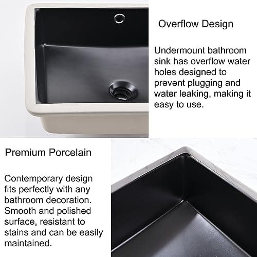 Undermount Bathroom Sink Rectangle, 20"x15" Black Bathroom Vessel Sink Porcelain Ceramic Modern Art Lavatory Vanity Under Counter Basin with Overflow