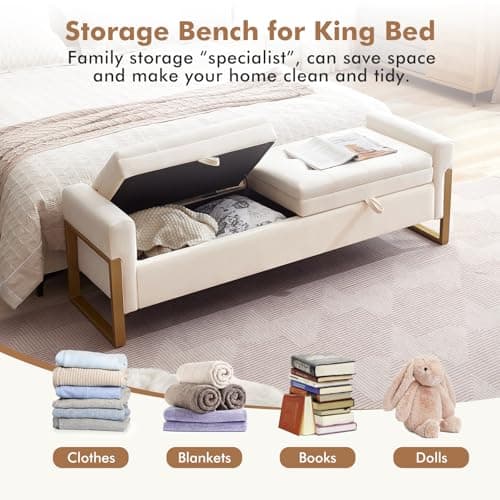 67" Storage Bench for Bedroom, King Size End of Bed Bench with Double Lids, Upholstered Storage Ottoman Bench with Golden Metal Legs, Bedroom Bench for Entryway, Cream
