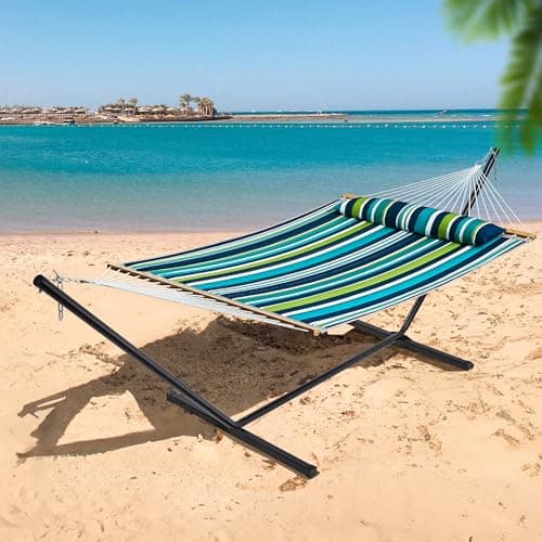 SUPERJARE Hammock with Stand, 2 Person Quilted Outdoor Hammock, Detachable Pillow & Bamboo Spreaders, Portable Hammock with Carrying Bag, Heavy Duty Stand, Perfect for Outside, Patio, Dark Cyan