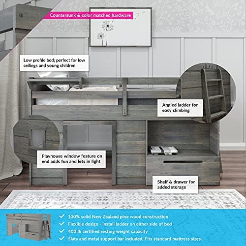Max & Lily Loft Bed Twin Size, Solid Wood Low Loft Bed with Storage Drawer and Ladder, Modern Farmhouse Loft Bed for Kids, Driftwood