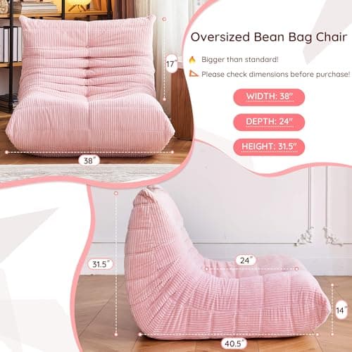 Bean Bag Chair for Adults - Large Bean Bag Chairs, Memory Foam Bean Bag with High-Rebound, Oversized Corduroy Boneless Chair, Lazy Floor Sofa for Reading Gaming Living Room Bedroom, Pink