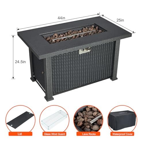Outdoor Fire Table, 44 inch Rectangle Propane Gas Fire Pit Table, 50,000 BTU Modern Firepit with Wind Guard, Lava Rock, Rain Cover
