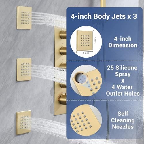 Brushed Gold Thermostatic Shower System with Body Jets, Ceiling 16” Rainfall Shower & Wall Mount 6-Inch Shower Head Luxury Shower Faucet Set with Handheld Spray, Dual Shower Heads Set