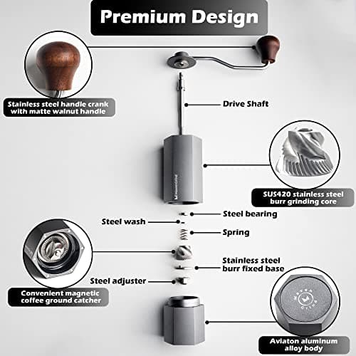 Coffee Bean Grinder - Manual Coffee Hand Grinder For Espresso, Frenchpress, Machine Coffee - Portable Stainless Steel Burr Grinder With Adjustable Coarseness Knob