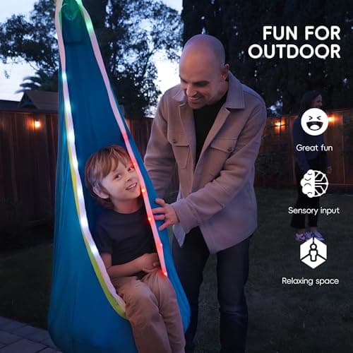 OUTREE Light Up Pod Swing Seat, Sensory Swing with LED Light, Cotton Kids Chair for Indoor and Outdoor, Hammock Chair Easy to Install, Blue